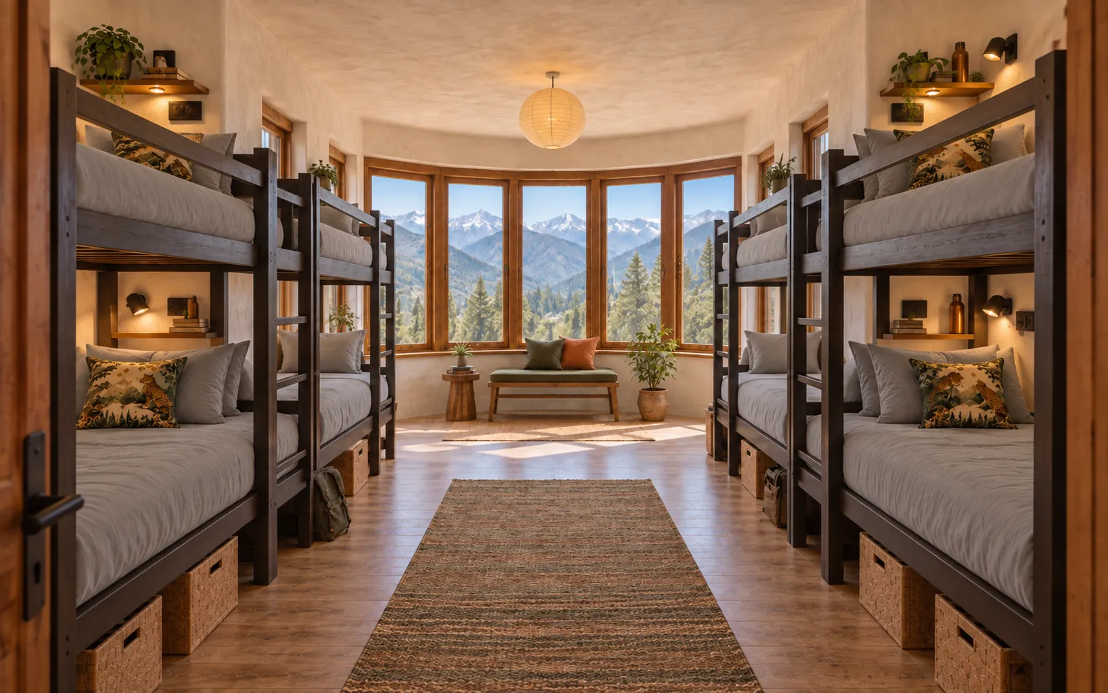 Design concept of a wide bunk room with wooden bunks and a mountain-facing window