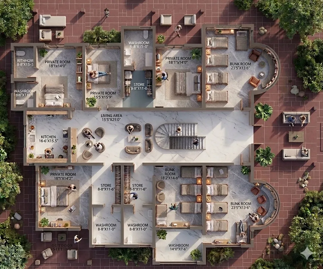 Illustrated top-down floor plan of Yapp Mukteshwar showing four private rooms, three bunk rooms, a kitchen, a living area and outdoor sitting