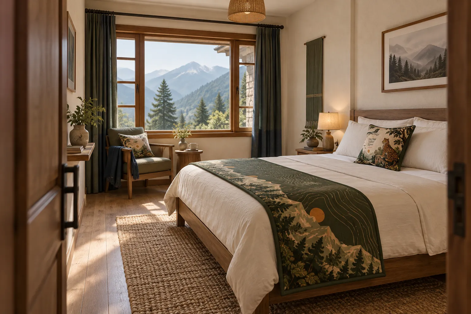 Design concept of a private room with a double bed, desk and a window facing the mountains
